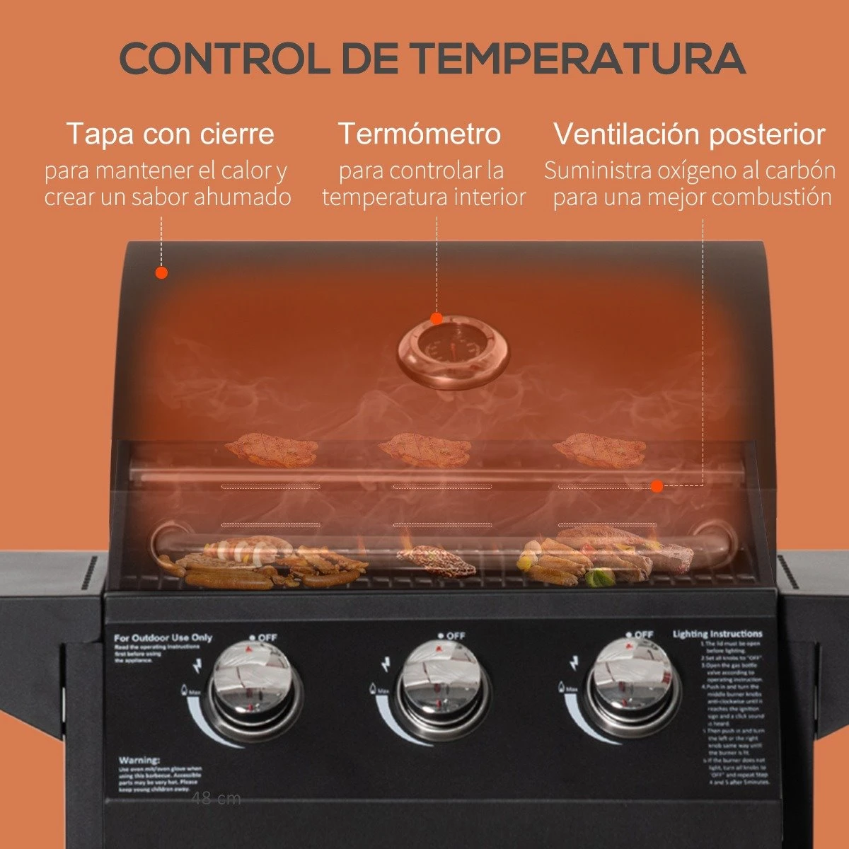 Outsunny Barbacoa De Gas Con 3 Quemadores 8,7 KW Termómetro Parrilla De Gas Con 2 Mesas Laterales Armario De 2 Puertas 4 Ruedas Y Frenos Acero Al Carbono Para BBQ 121x55x109 Cm Negro - Imagen 5
