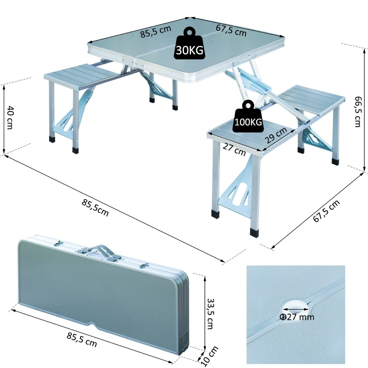 Outsunny Mesa Maleta De Camping Plegable Portátil Con 4 Asientos Y Agujero Para Sombrilla Estructura De Aluminio Para Playa Picnic 136x85,5x66 Cm Plata - Imagen 3