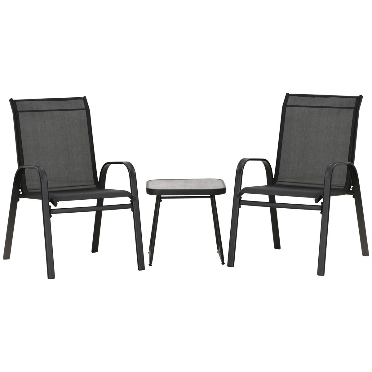 Outsunny Conjunto De Muebles De Jardín 3 Piezas Muebles Exterior Incluye 2 Sillones Apilables Con Tela De Malla Transpirable Y Mesa De Centro Con Tablero SPC Negro