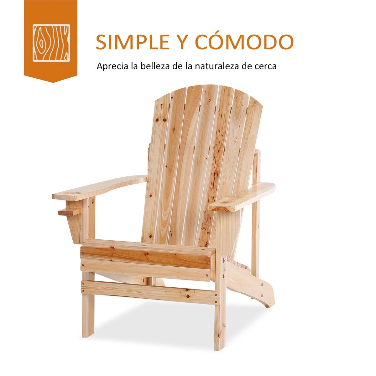 Outsunny Silla Adirondack De Madera Silla De Jardín Con Reposabrazos Y Respaldo Alto Para Terraza Balcón Exterior 72,5x97x93 Cm Natural - Imagen 4