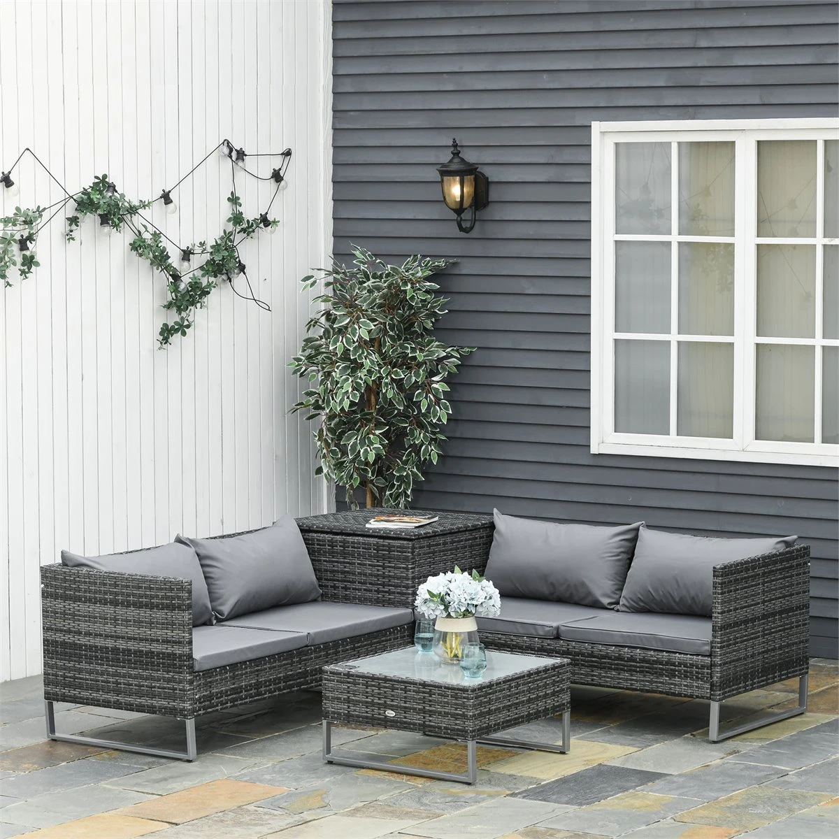 Outsunny Conjunto De 4 Muebles De Jardín De Ratán Con 2 Sofás Dobles Mesa Central Mesa Con Arcón Cojines Extraíbles Para Terraza Exterior 132x69x64 Cm Gris - Imagen 2