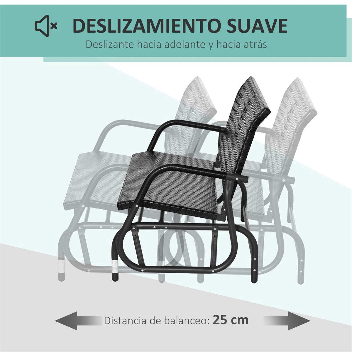 Outsunny Mecedora De Ratán De 2 Plazas Banco Balancín De Jardín Con Balanceo Ergonómico Y Marco De Metal Para Terraza Balcón Exterior Carga 220 Kg 120x70x84 Cm Negro - Imagen 4