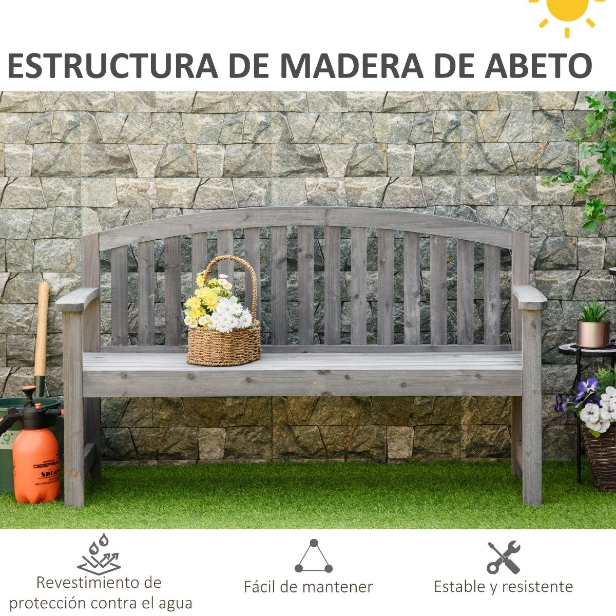 Outsunny Banco De Jardín De 2 Plazas Banco Listones De Madera Con Respaldo Y Reposabrazos Para Terraza Balcón Patio Exterior Carga 320 Kg 140x50x85 Cm Gris - Imagen 5