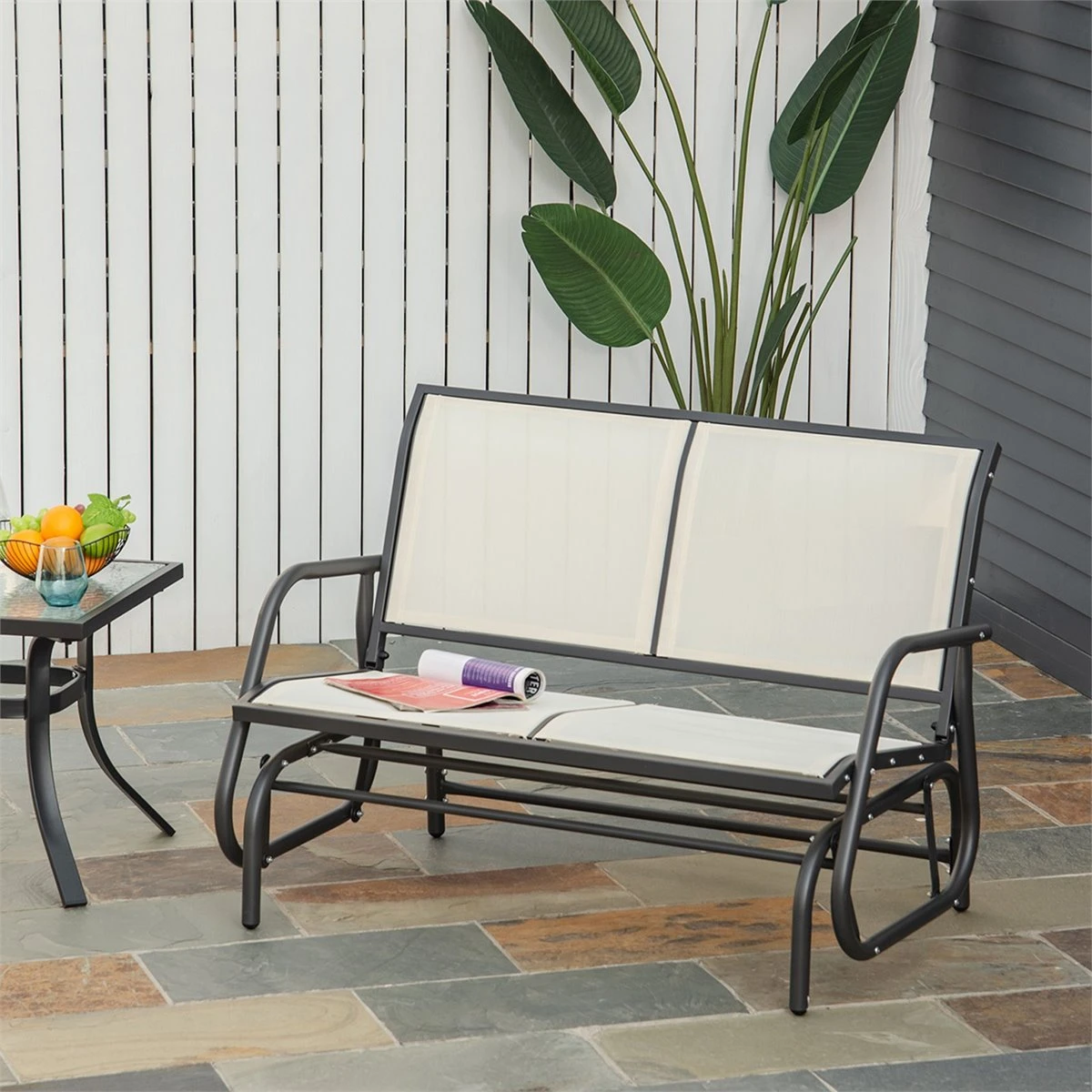 Outsunny Banco Balancín De 2 Plazas Silla Mecedora De Jardín Tubo De Metal Y Tela Texteline Transpirable Para Exterior Carga Máx. 200 Kg 120x70x85 Cm Beige - Imagen 2