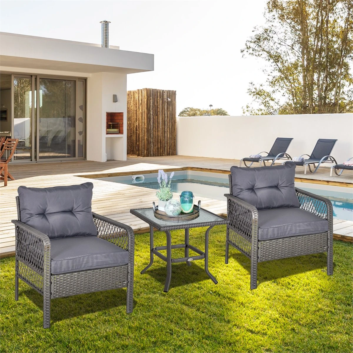 Outsunny Conjunto De Muebles De Ratán 3 Piezas De Jardín 2 Sillones 65x66x75 Cm Y Mesa De Vidrio Templado 50x50x50 Cm Con Cojines Acolchados Para Terraza Patio Gris - Imagen 7