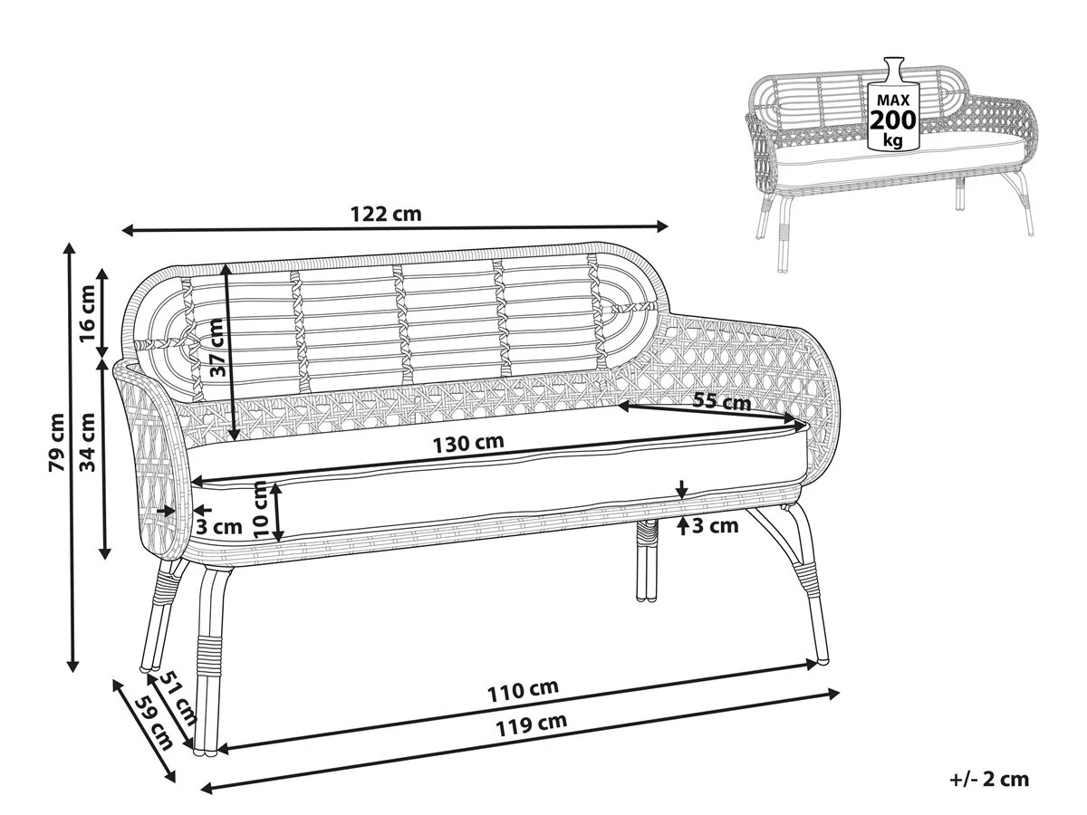 Sofá 2 Plazas De Ratán Beige/gris Grafito/natural PRATELLO - Imagen 3