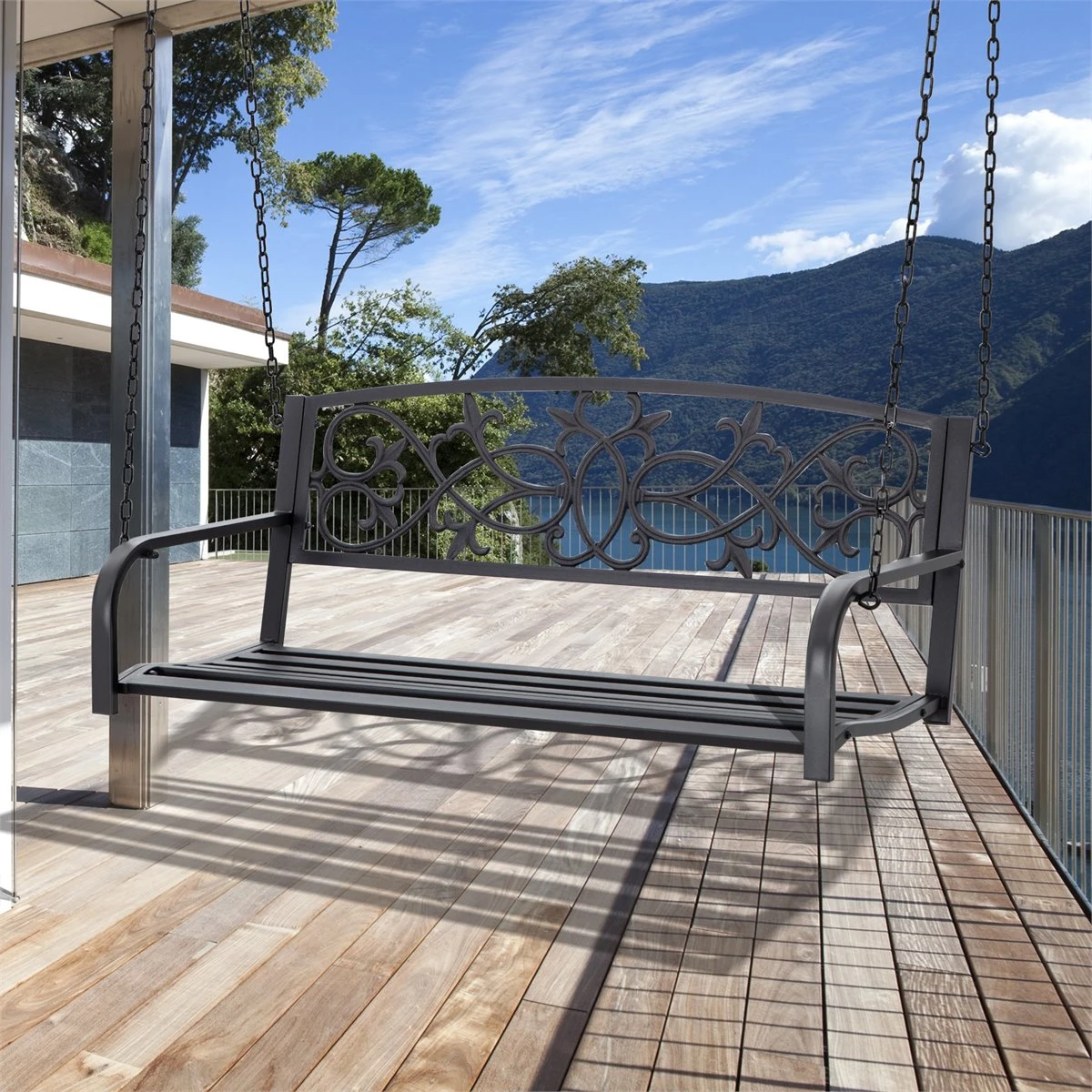 Outsunny Banco Columpio De 2 Plazas Banco Colgante De Acero Con Reposabrazos Carga Máx. 240 Kg Para Jardín Terraza Balcón Exterior 127x59,5x52 Cm Negro - Imagen 2