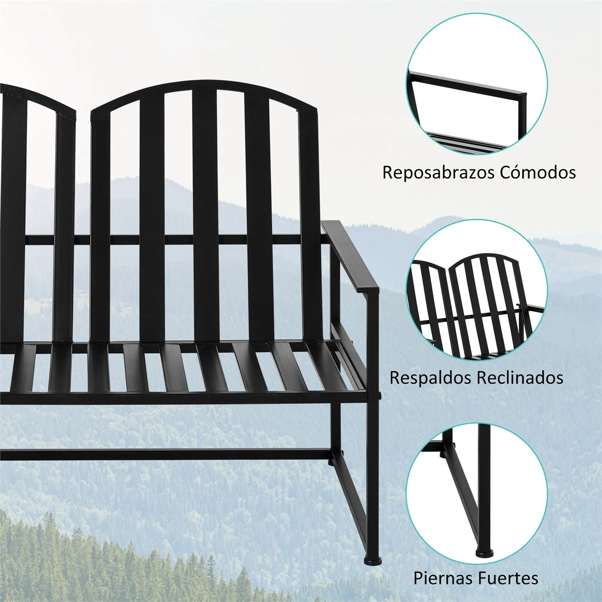 Outsunny Banco De Jardín De 2 Plazas Metal Con Respaldo Alto Y Reposabrazos Para Exterior Parque Patio Terraza Estilo Rústico Carga Máx. 220 Kg 108x63x80,5 Cm Negro - Imagen 6