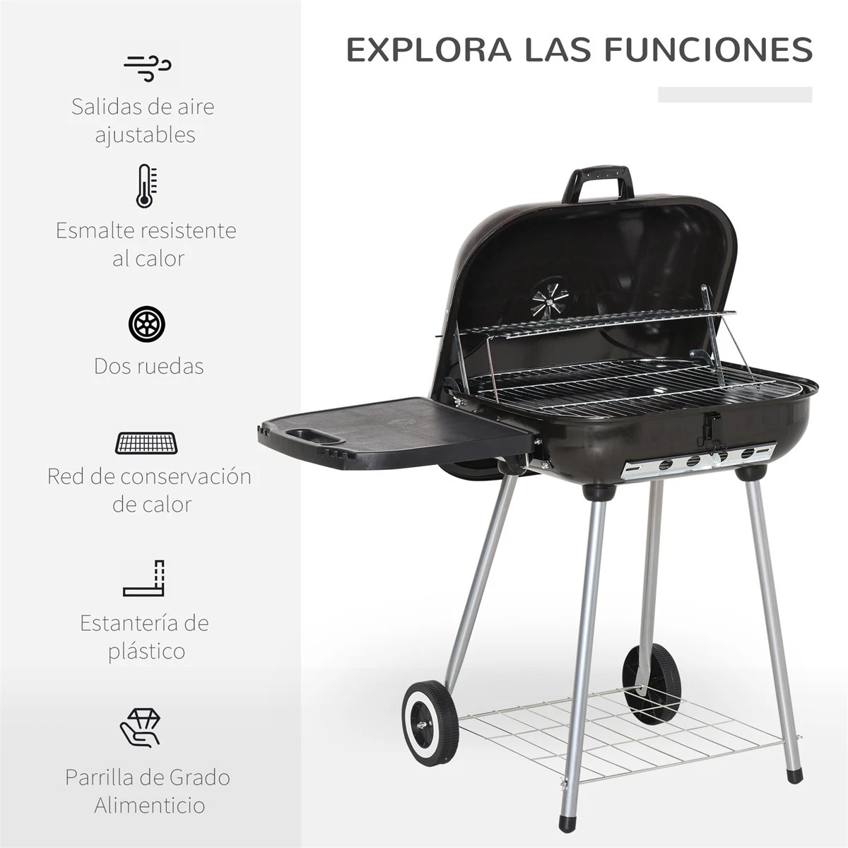 Outsunny Barbacoa De Carbón BBQ Multifuncional Parrillas Asador Con Estantes Y Ruedas Parilla De Carbón Vegetal Del Aire Libre Con Rejilla De Mantener Caliente Jardín Patio Picnic Acampada - Imagen 4