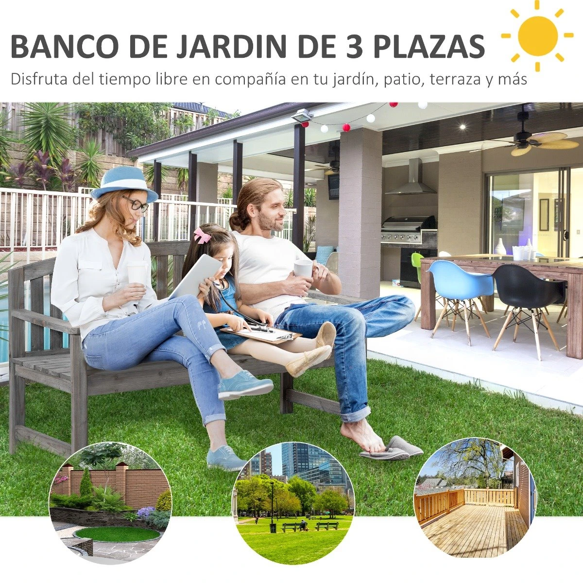 Outsunny Banco De Jardín De 2 Plazas Banco Listones De Madera Con Respaldo Y Reposabrazos Para Terraza Balcón Patio Exterior Carga 320 Kg 140x50x85 Cm Gris - Imagen 4