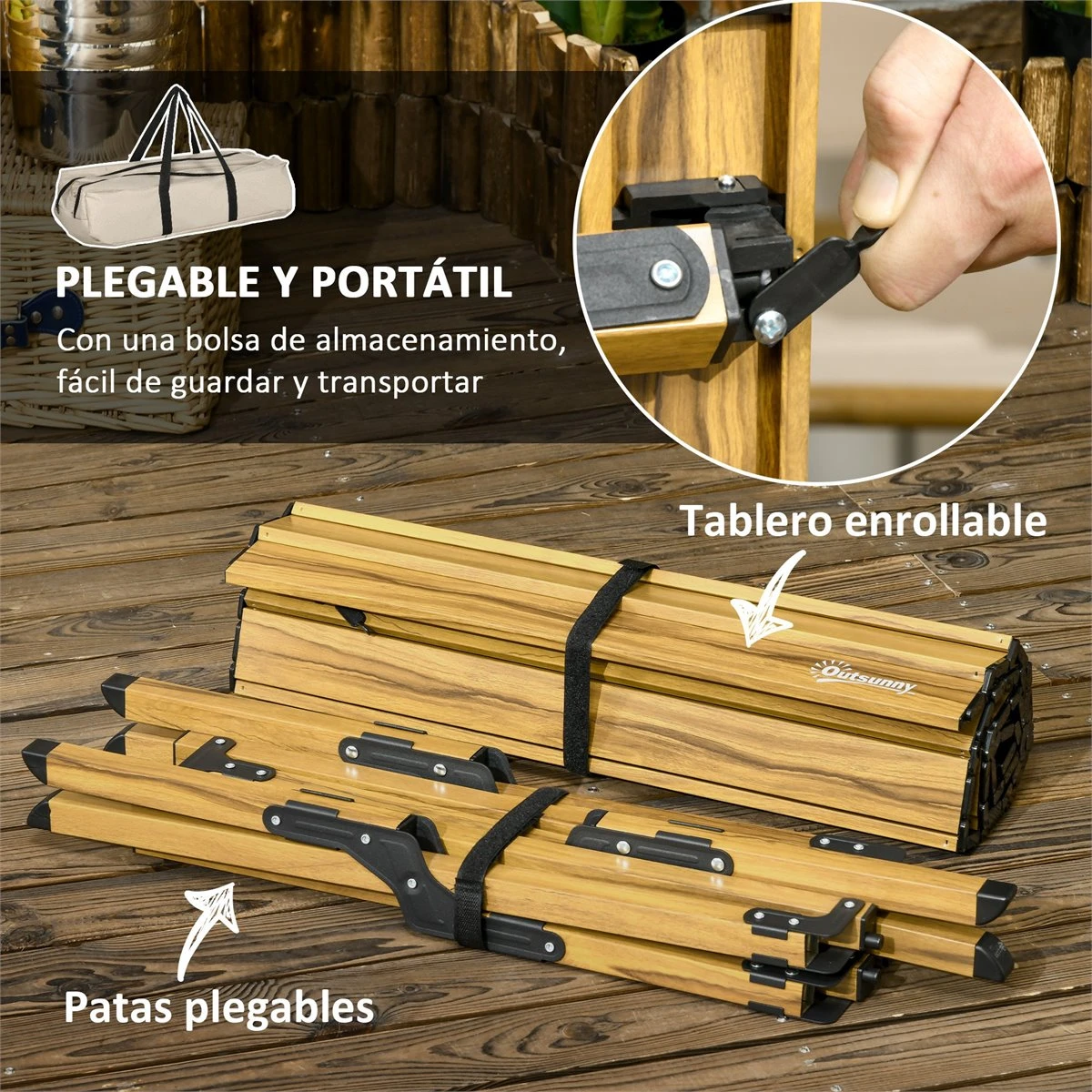 Outsunny Mesa De Camping Plegable De Aluminio 116x60x45 Cm Mesa De Picnic Portátil Con Bolsa De Trasporte Carga 30 Kg Para Jardín Terraza Exterior Natural - Imagen 4