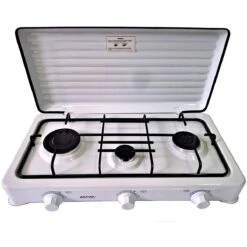 MPM KN-03/1K Cocina Gas Portátil Camping, 3 Quemadores, Rejilla Esmaltada, Tapa Protectora, Normativa G30-37 Mbar, , Blanco