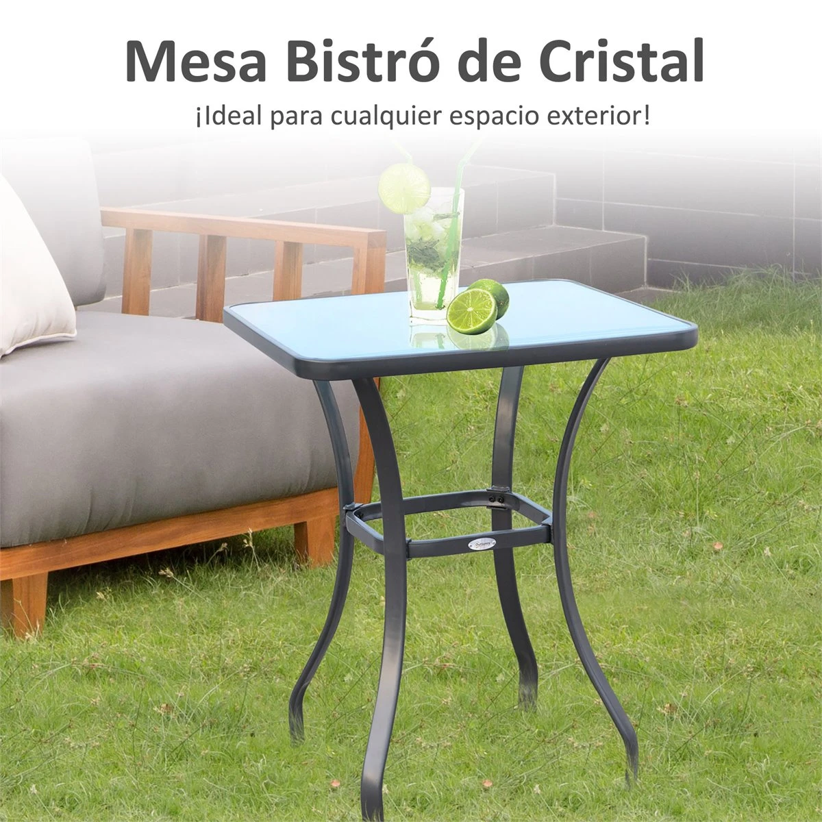 Outsunny Mesa Auxiliar De Cristal Templado Cuadrada Bordes Redondeados Mesita Cafépara Patio Terraza Balcón Negro Y Transparente 68,5x68,5x84 Cm - Imagen 4