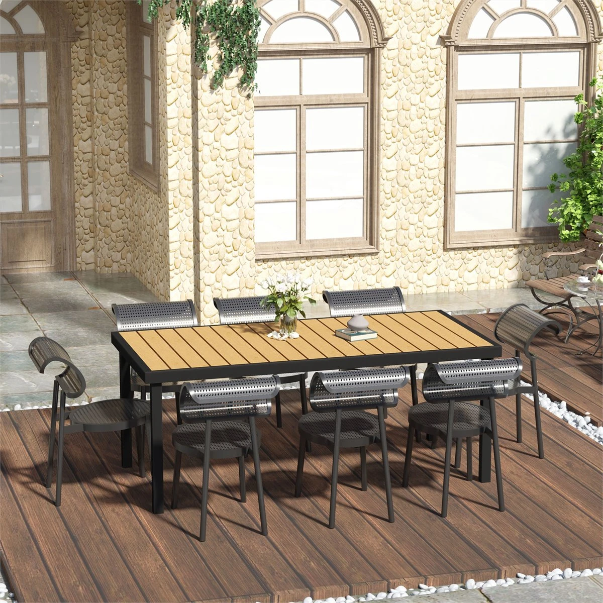 Outsunny Mesa De Jardín Rectangular Para 8 Personas Mesa De Comedor Exterior 190x90x74 Cm Con Encimera De Listones Y Estructura De Aluminio Para Terraza Balcón Natural Y Negro - Imagen 2