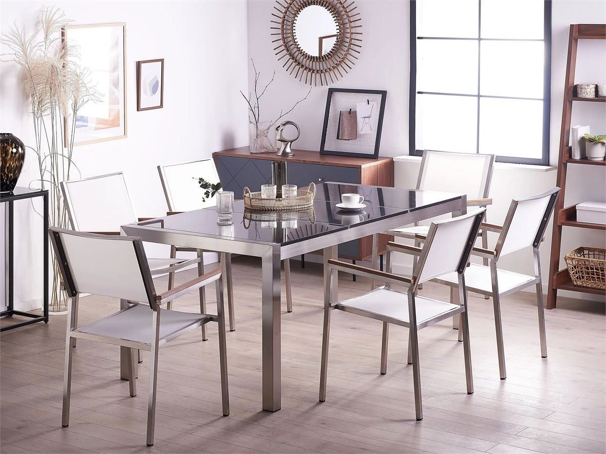 Conjunto De Jardín Mesa Con Tablero Negro De Piedra Natural 180 Cm, 6 Sillas De Tela Blanca GROSSETO