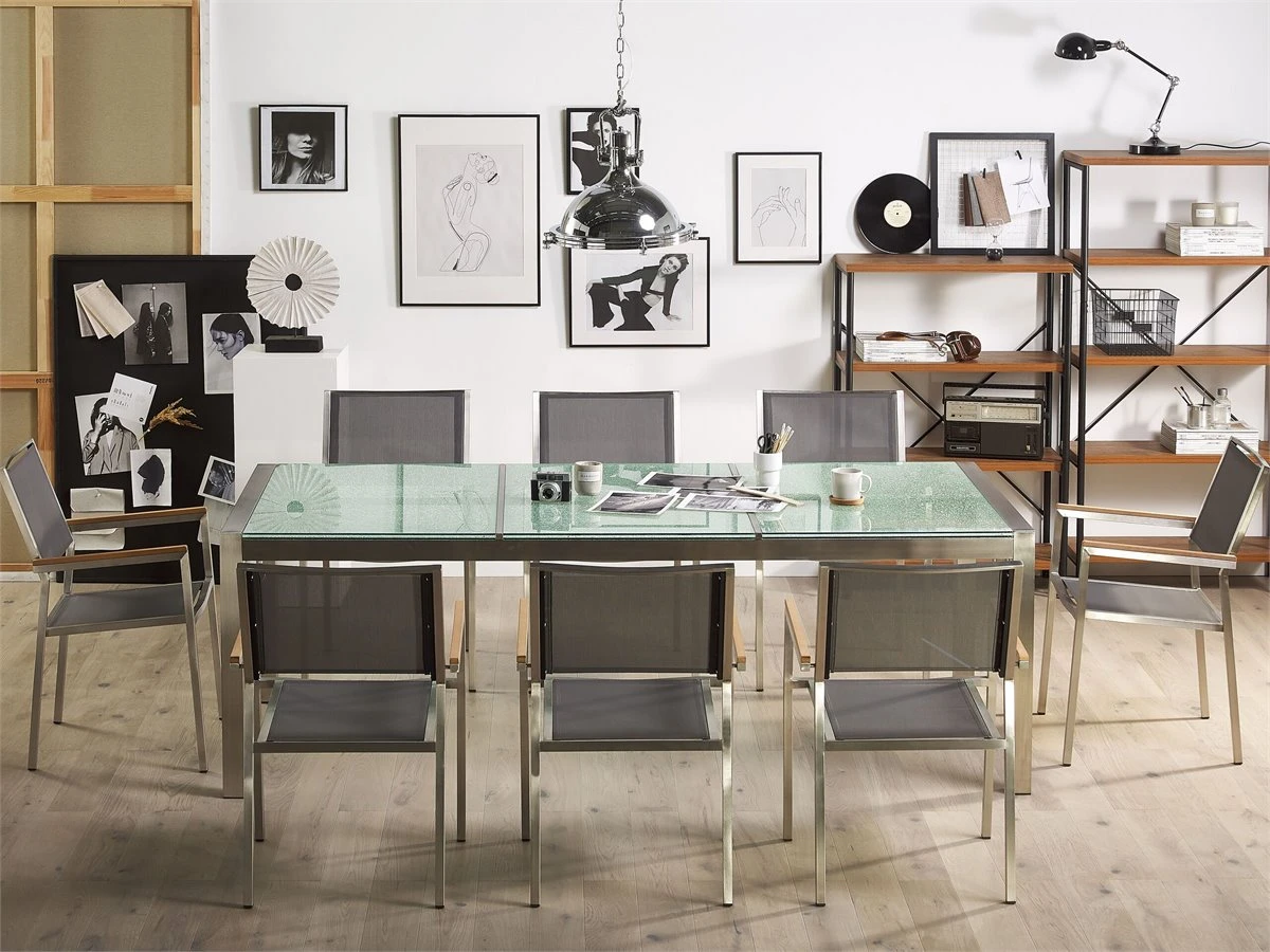 Conjunto De Jardín Mesa En Vidrio 220 Cm, 8 Sillas Grises GROSSETO - Imagen 5