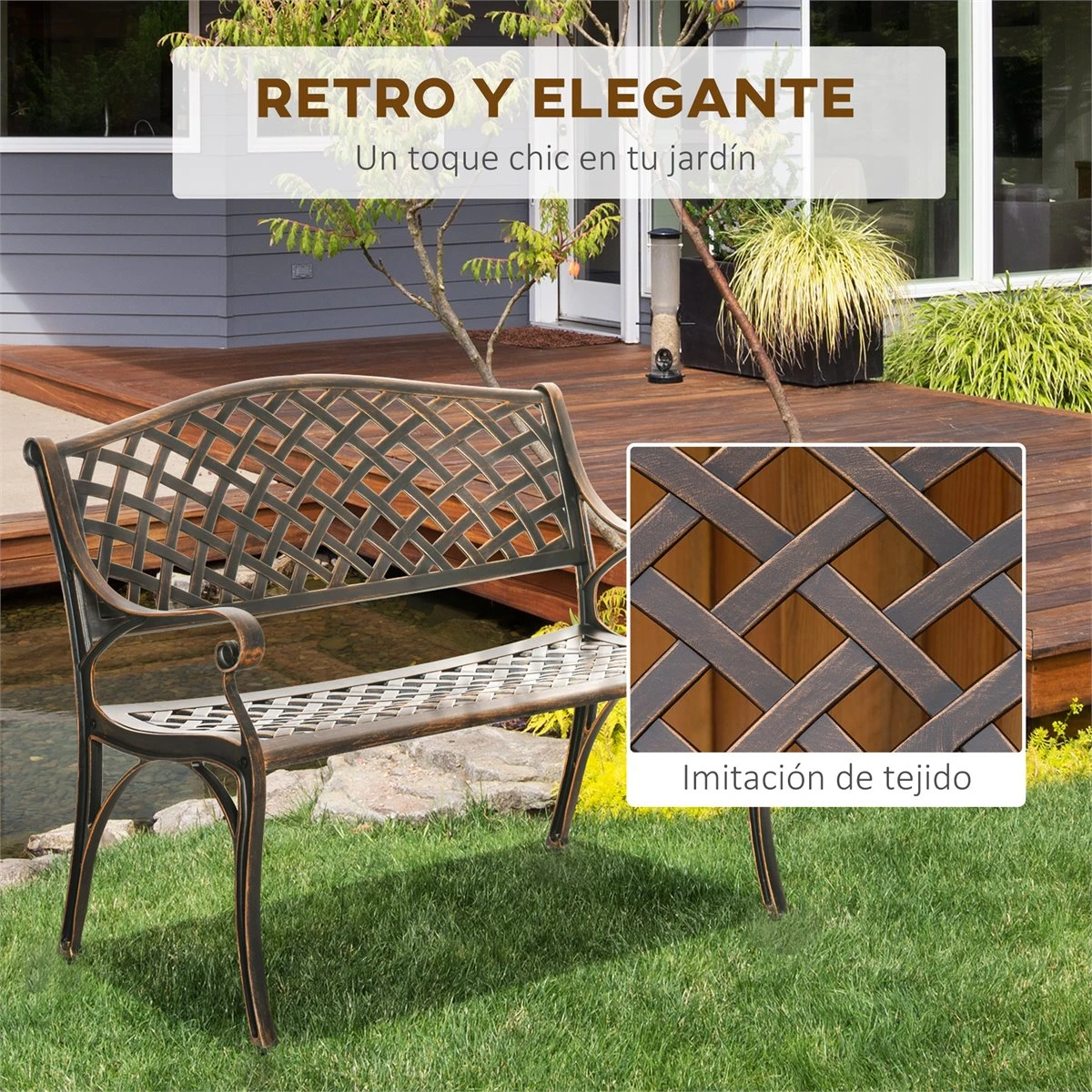 Outsunny Banco De Jardín De 2 Plazas De Aluminio Fundido Banco De Exterior Estilo Vintage Para Terraza Balcón Patio Carga 240 Kg 103x62x83 Cm Bronce - Imagen 4