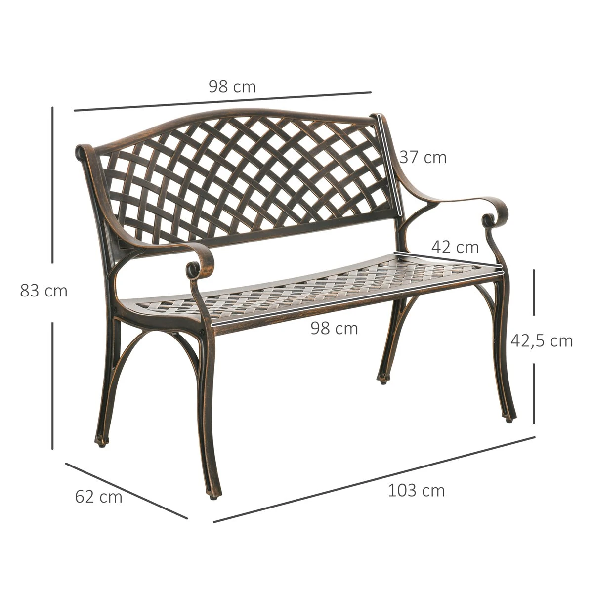 Outsunny Banco De Jardín De 2 Plazas De Aluminio Fundido Banco De Exterior Estilo Vintage Para Terraza Balcón Patio Carga 240 Kg 103x62x83 Cm Bronce - Imagen 2