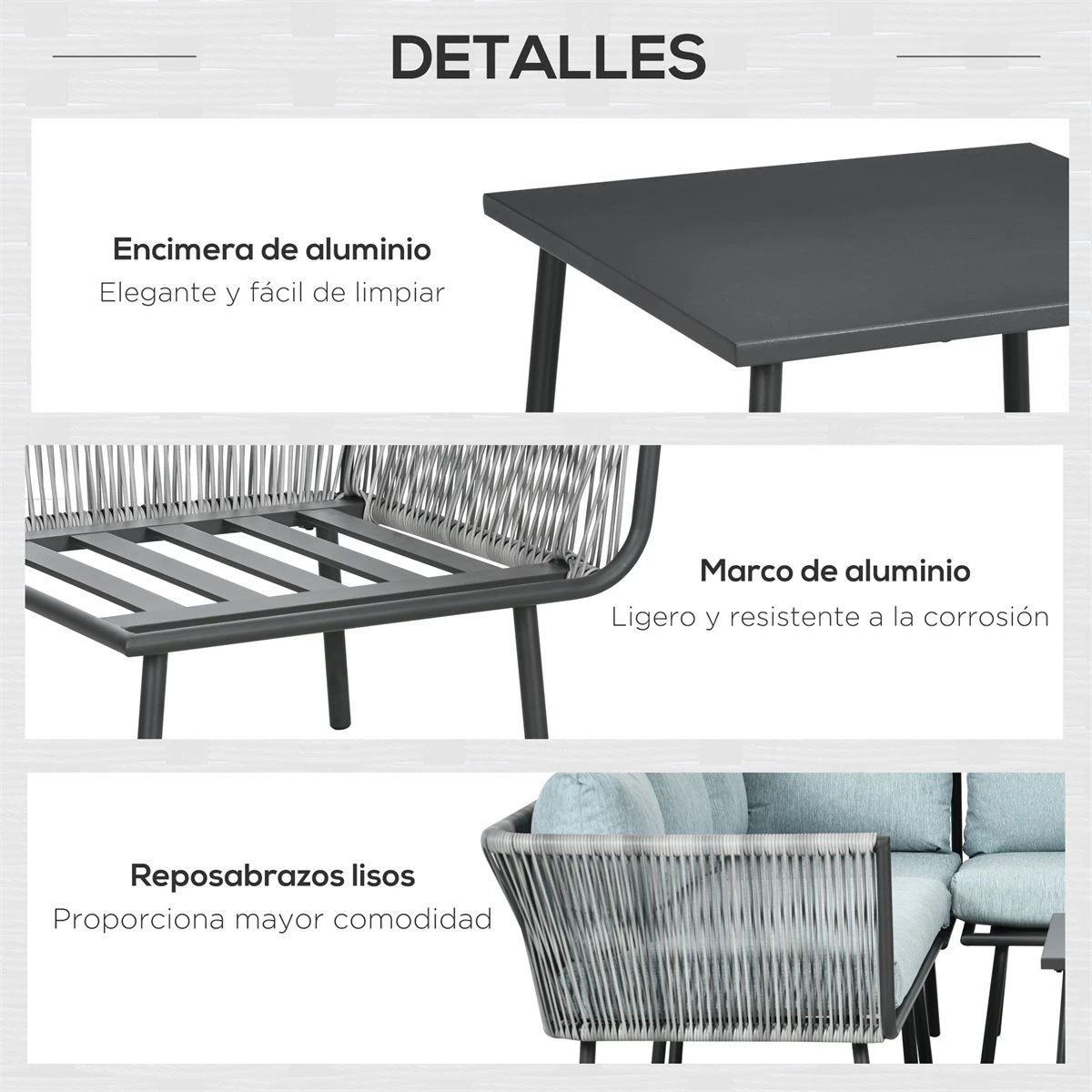 Outsunny Conjunto De Muebles De Ratán 4 Piezas Set De Muebles De Jardín 2 Sofá De 2 Plazas Sofá De Esquina Mesa De Centro Con 6 Cojines Acolchados Y Marco De Aluminio Para Terraza Patio Gris - Imagen 6