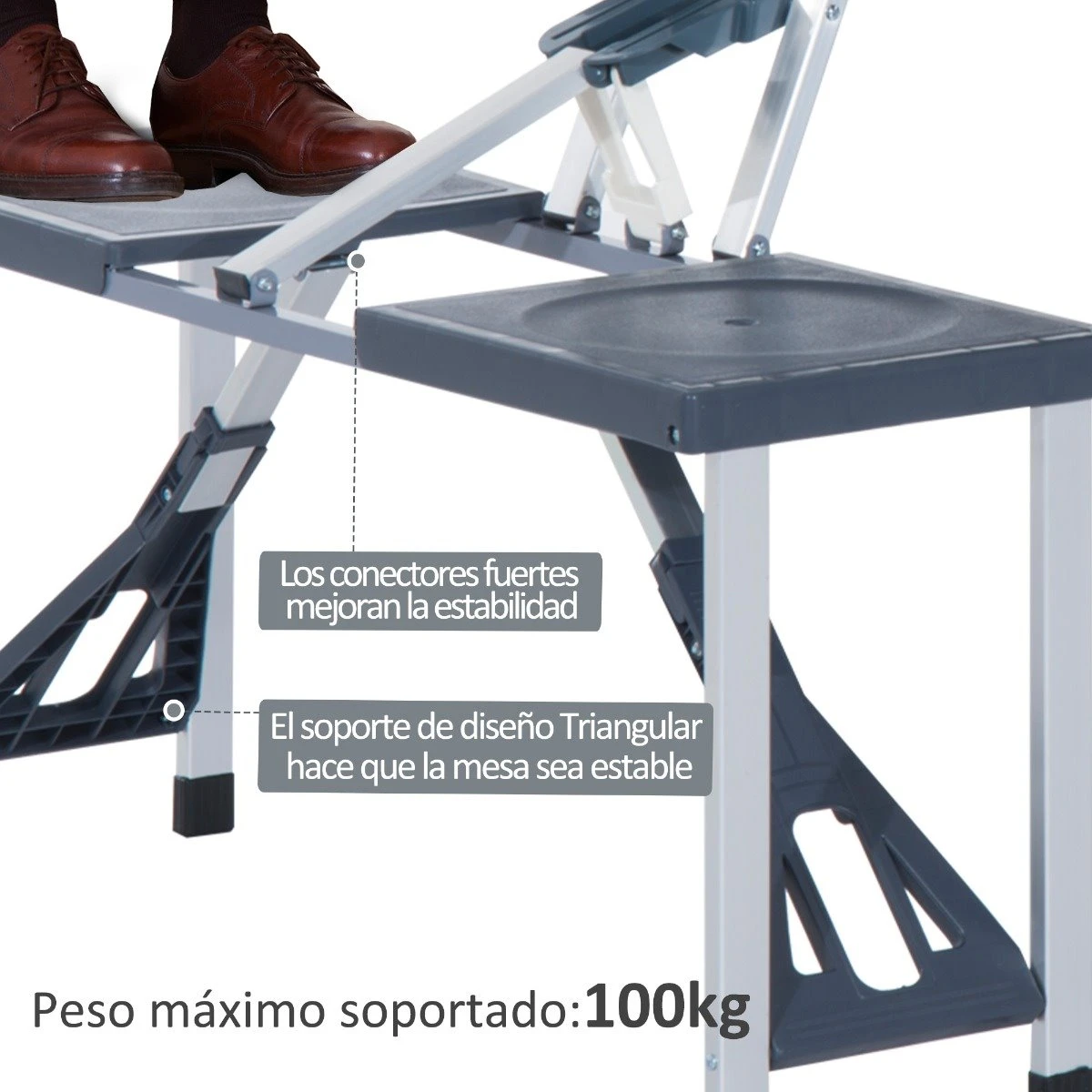 Outsunny Mesa Maleta De Camping Plegable Portátil 4 Asientos Y Agujero Sombrilla Estructura Aluminio Playa Picnic 136x84,5x66 Cm (Gris) - Imagen 5