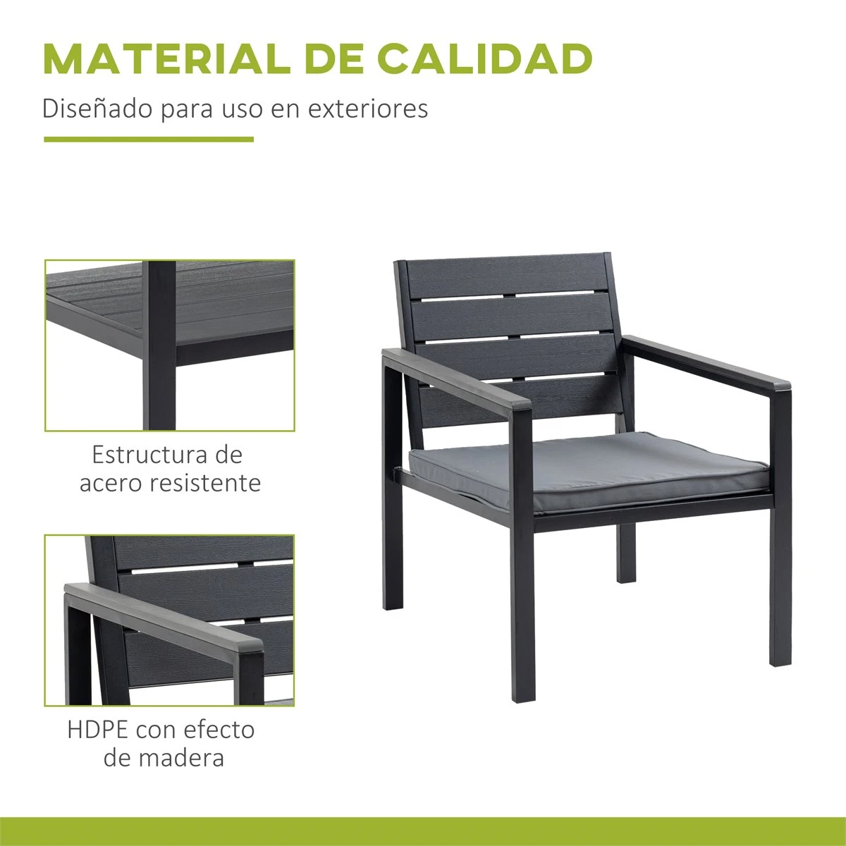 Outsunny Conjunto De Muebles De Jardín 4 Piezas Mesa De Centro Banco De 2 Plazas Y 2 Sillas Con Cojines Desenfundables Y Marco De Acero Para Terraza Exterior 113x65x78 Cm Gris - Imagen 4
