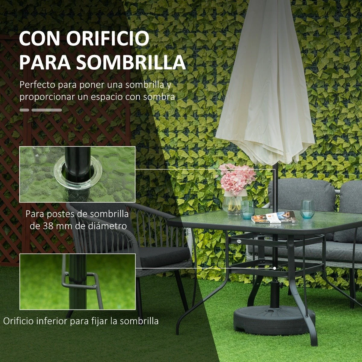Outsunny Mesa De Cristal De Jardín Con Agujero Para Sombrilla Mesa Para Comer Cuadrada Con Marco De Acero Para Exterior Terraza Balcón 106,5x106,5x71 Cm Negro - Imagen 4