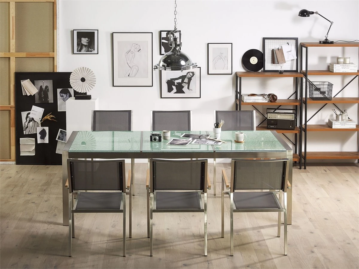 Mesa De Comedor De Metal/vidrio Templado Transparente/plateado 220 X 100 Cm GROSSETO