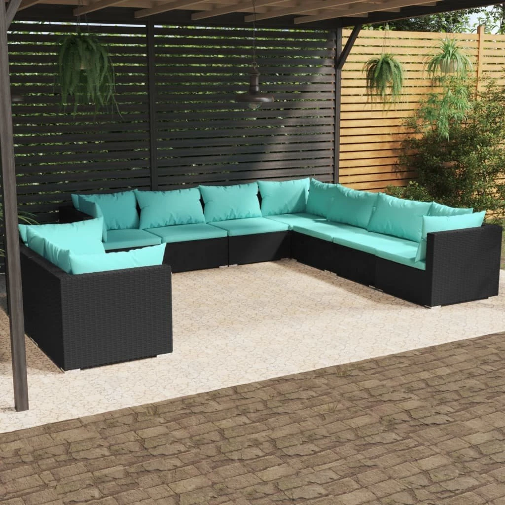 Set De Muebles De Jardín 9 Pzas Y Cojines Ratán Sintético Negro VidaXL - Imagen 3