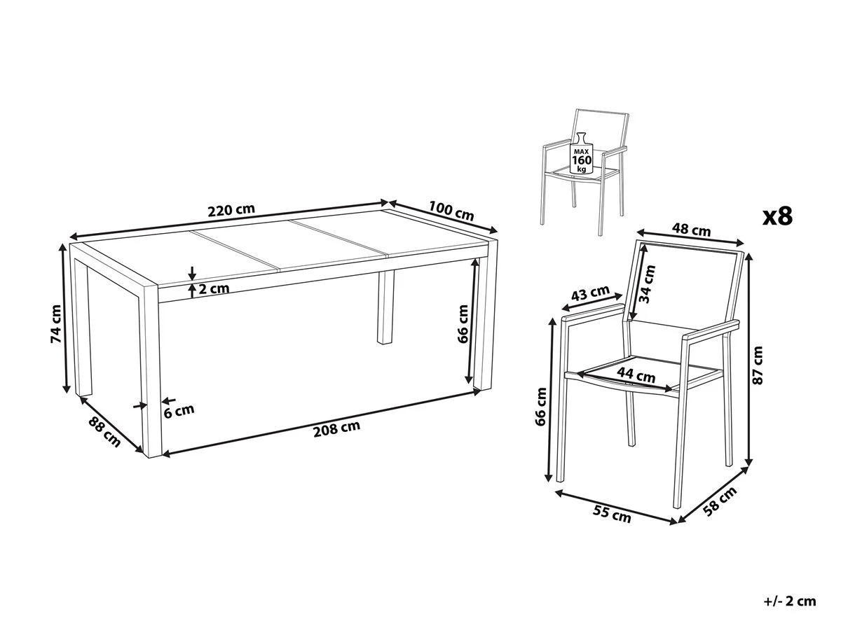 Conjunto De Jardín Mesa En Vidrio 220 Cm, 8 Sillas Grises GROSSETO - Imagen 3