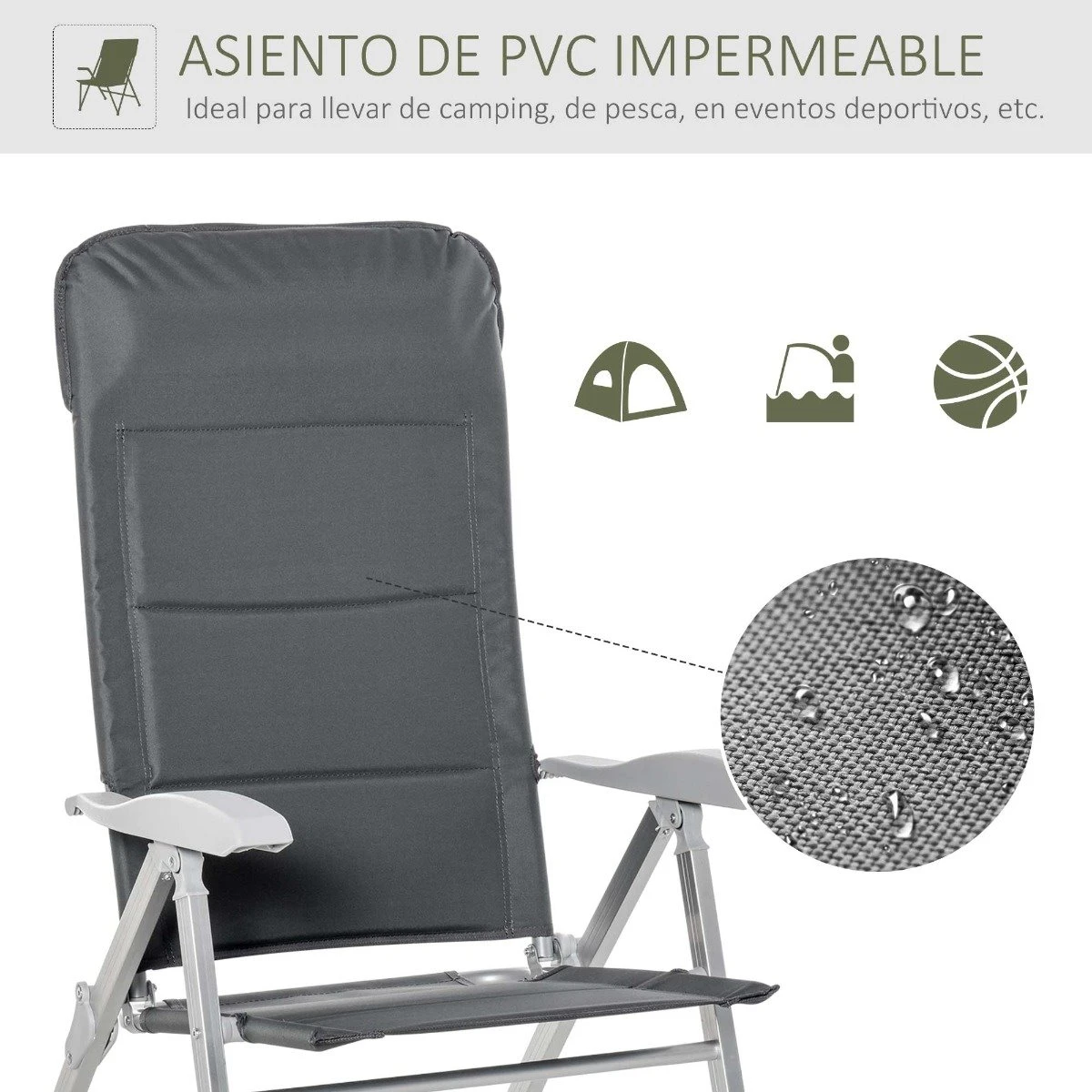 Outsunny Silla De Jardín Plegable De Aluminio Con Respaldo Alto Ajustable En 7 Posiciones Y Reposacabezas Acolchado Para Exterior 75x61,5x114,5 Cm Gris - Imagen 5