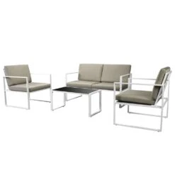 Set De Muebles De Jardín 4 Piezas Y Cojines Acero Blanco VidaXL