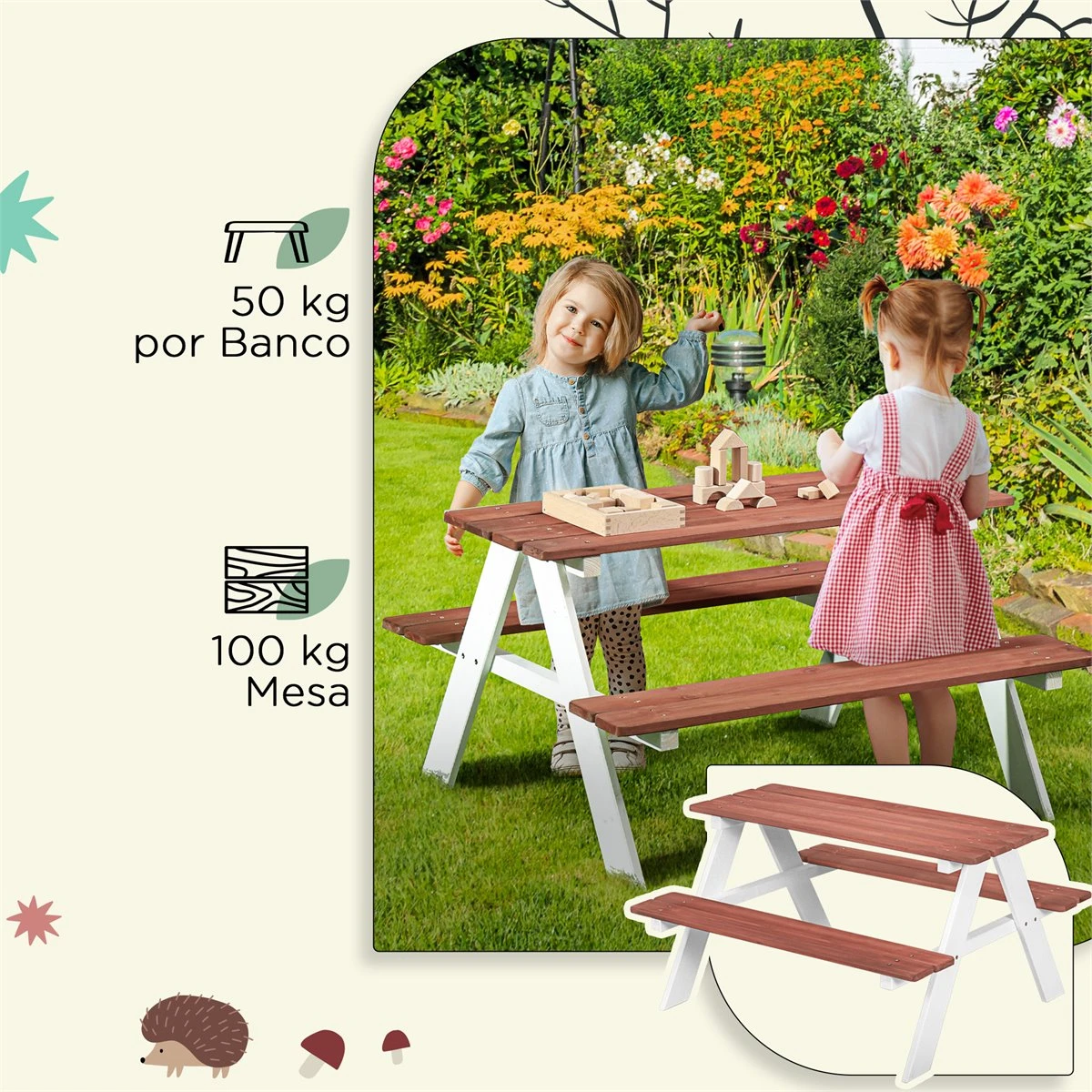 Outsunny Juego De Mesa Y 2 Bancos Infantiles De Madera Mesa De Picnic Para Niños De 3-8 Años Para Jardín Patio Terraza 89x79x50 Cm Marrón - Imagen 5