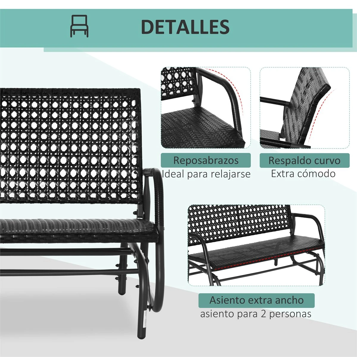 Outsunny Mecedora De Ratán De 2 Plazas Banco Balancín De Jardín Con Balanceo Ergonómico Y Marco De Metal Para Terraza Balcón Exterior Carga 220 Kg 120x70x84 Cm Negro - Imagen 6