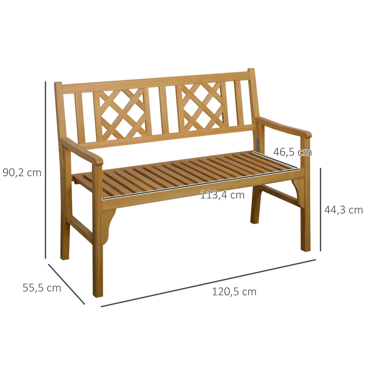 Outsunny Banco De Jardín Plegable De Madera Banco De 2 Plazas Exterior 120,5x55,5x90,2 Cm Con Asiento De Listones Y Reposabrazos Para Terraza Balcón Patio Natural - Imagen 3