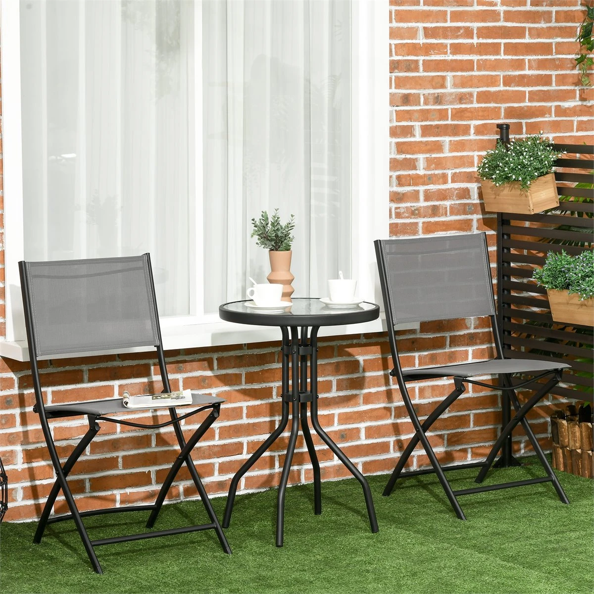 Outsunny Conjunto De Muebles De Jardín 3 Piezas Set De Muebles Exterior Incluye Mesa Con Encimera De Vidrio Templado Y 2 Sillones Plegable Con Respaldo Y Asiento De Texteline Gris - Imagen 2