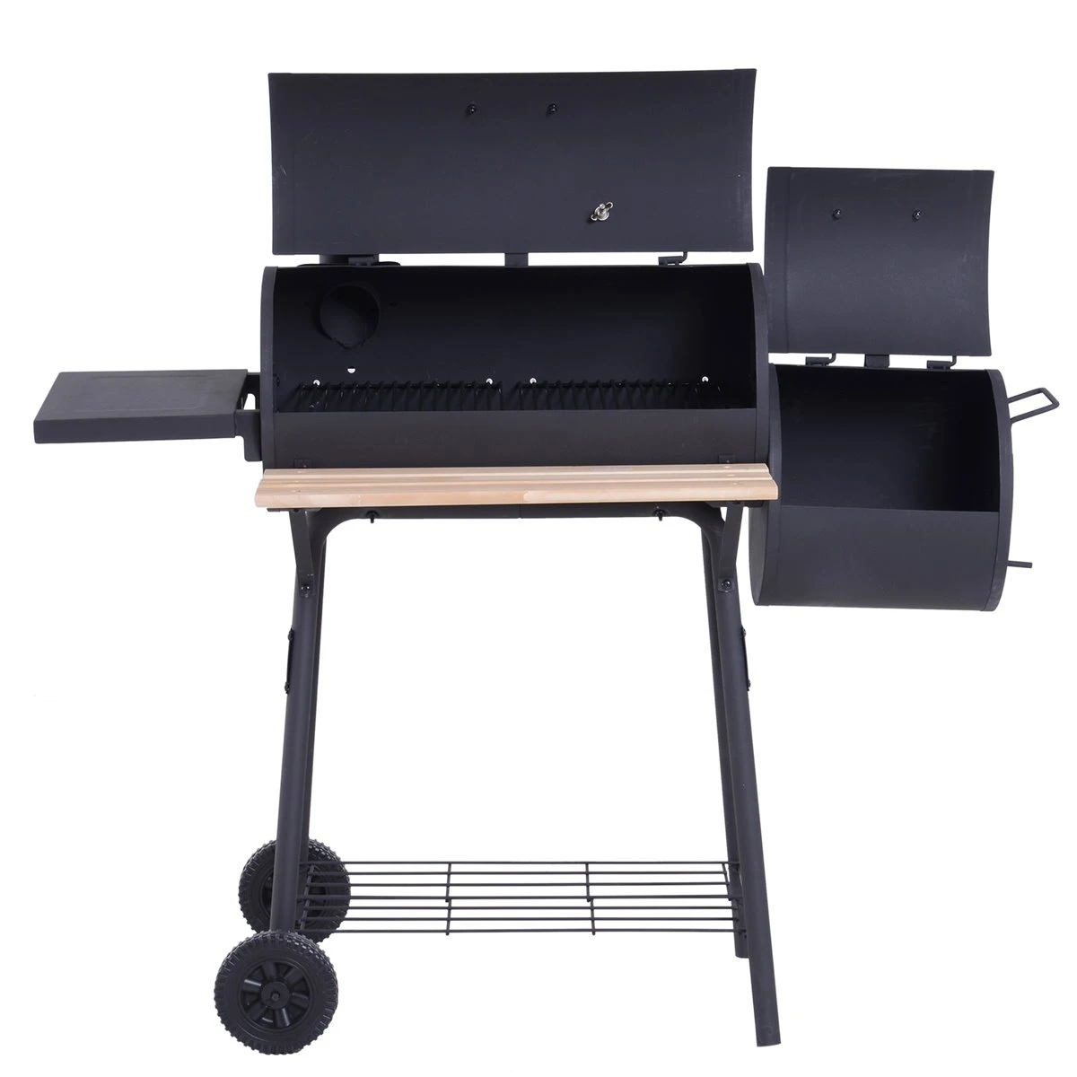 Outsunny Barbacoa De Carbón 3 En 1 Ahumador Parilla De Carbón Barbacoa De BBQ 124x53x104 Cm Con Termómetro Y Ruedas Estantes De Madera Picnic Acampada Al Aire Libre