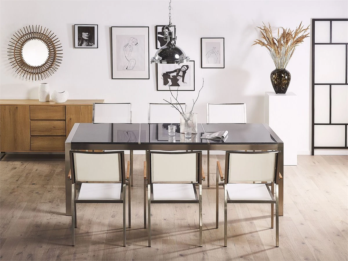 Mesa De Comedor De Metal/granito Gris Oscuro/plateado 220 X 100 Cm GROSSETO