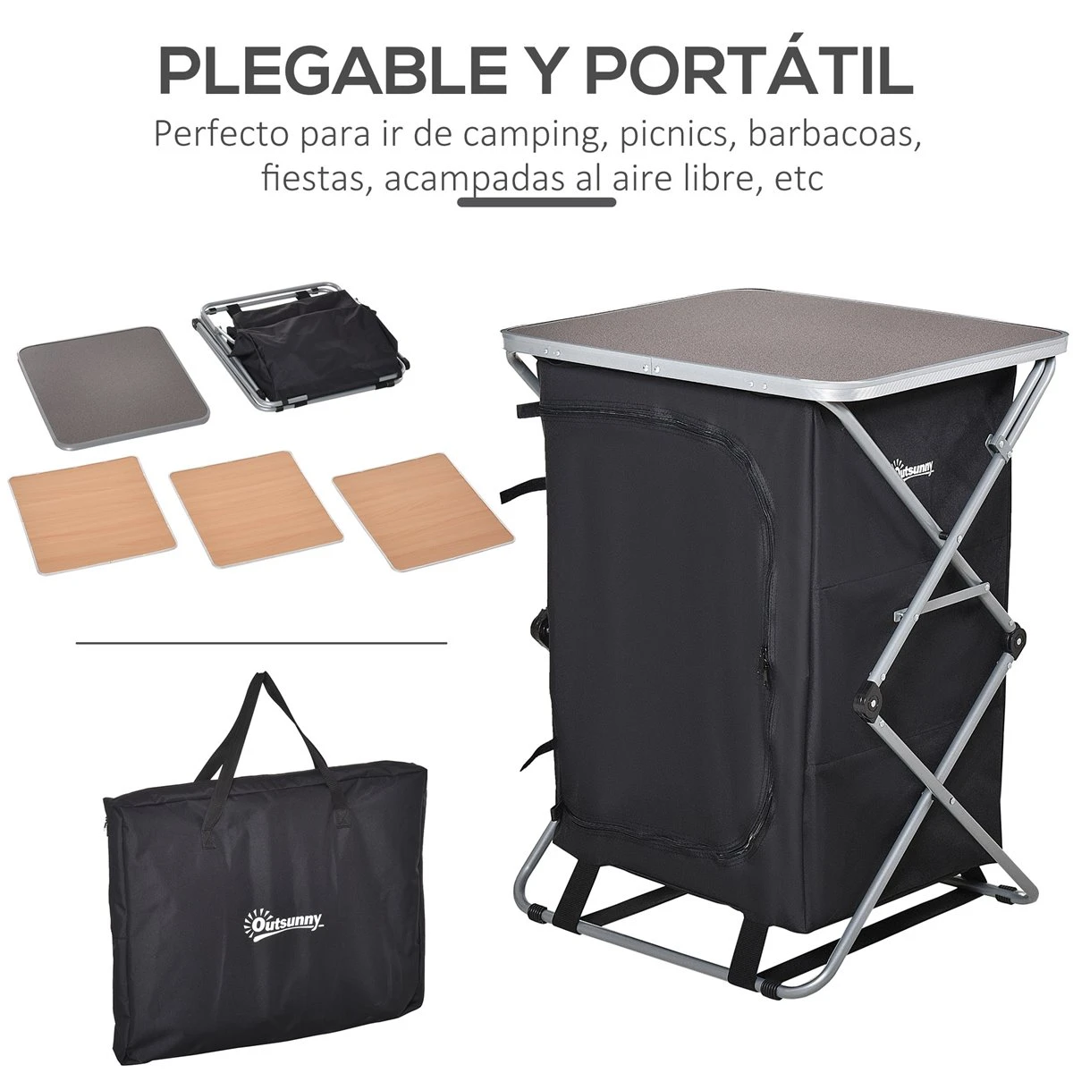 Outsunny Armario Cocina De Camping Plegable Con Paravientos 3 Estantes Bolsa De Almacenamiento Encimera 58X65x93 Cm Para Exterior Acampadas Picnics Tela Oxford Negro - Imagen 4