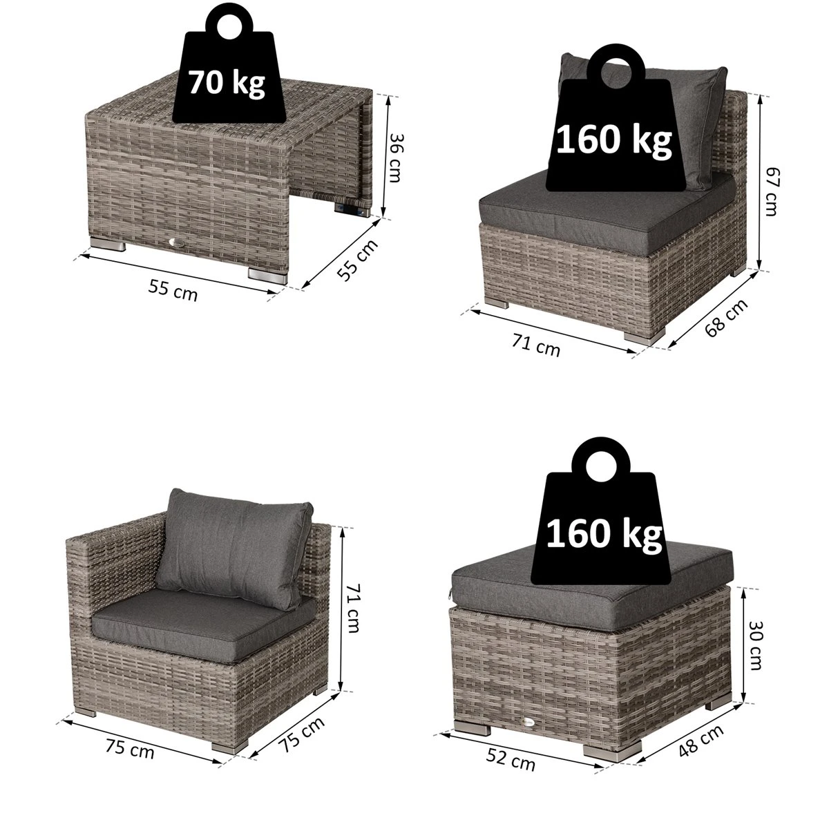 Outsunny Conjunto De Muebles De Jardín 8 Piezas De Ratán Convertible Con 2 Mesas De Centro 2 Sofás Esquineros 2 Sillones 2 Taburetes Con Cojines Para Patio Porche Terraza Gris - Imagen 3