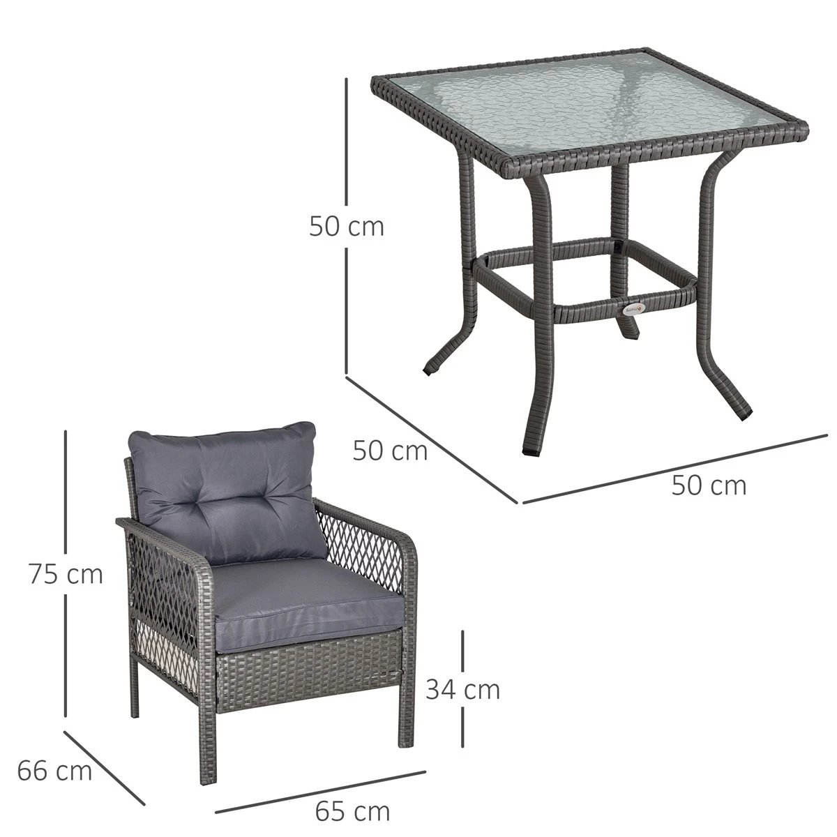 Outsunny Conjunto De Muebles De Ratán 3 Piezas De Jardín 2 Sillones 65x66x75 Cm Y Mesa De Vidrio Templado 50x50x50 Cm Con Cojines Acolchados Para Terraza Patio Gris - Imagen 3