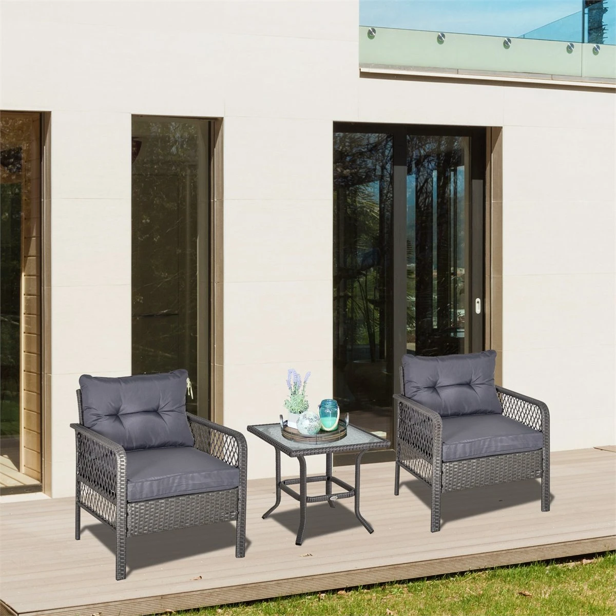 Outsunny Conjunto De Muebles De Ratán 3 Piezas De Jardín 2 Sillones 65x66x75 Cm Y Mesa De Vidrio Templado 50x50x50 Cm Con Cojines Acolchados Para Terraza Patio Gris - Imagen 2